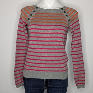 Anthro Sparrow Grey Red Orange Striped Cotton Blend Lightweight Sweater S